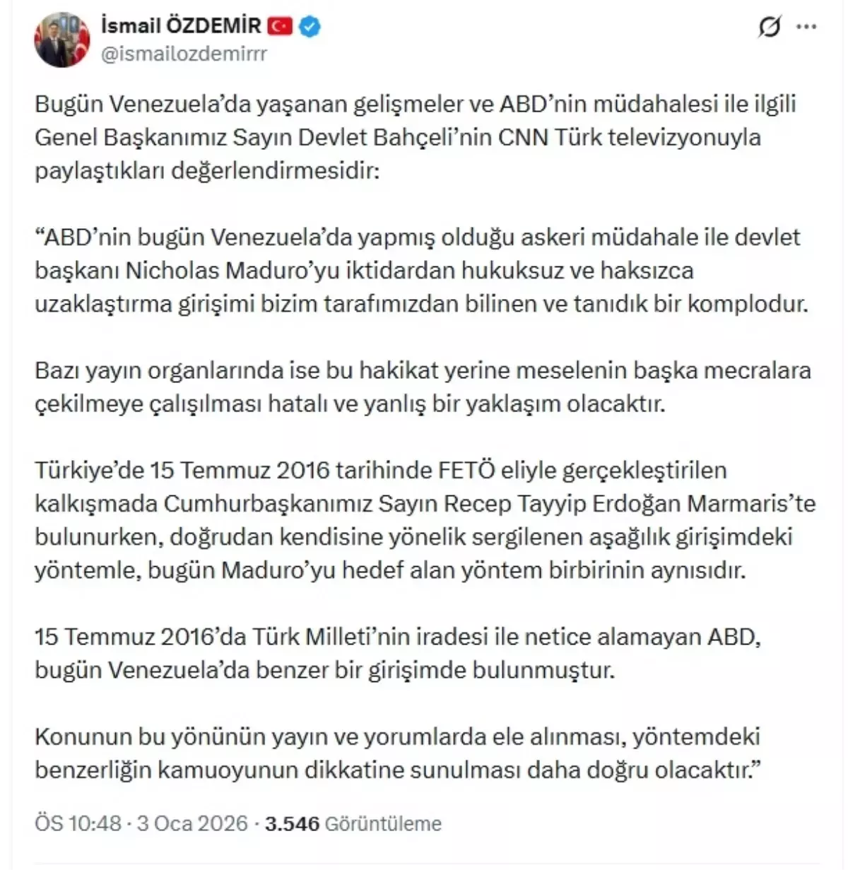 Bahçeli'den Venezuela'daki ABD Müdahalesine Sert Eleştiri