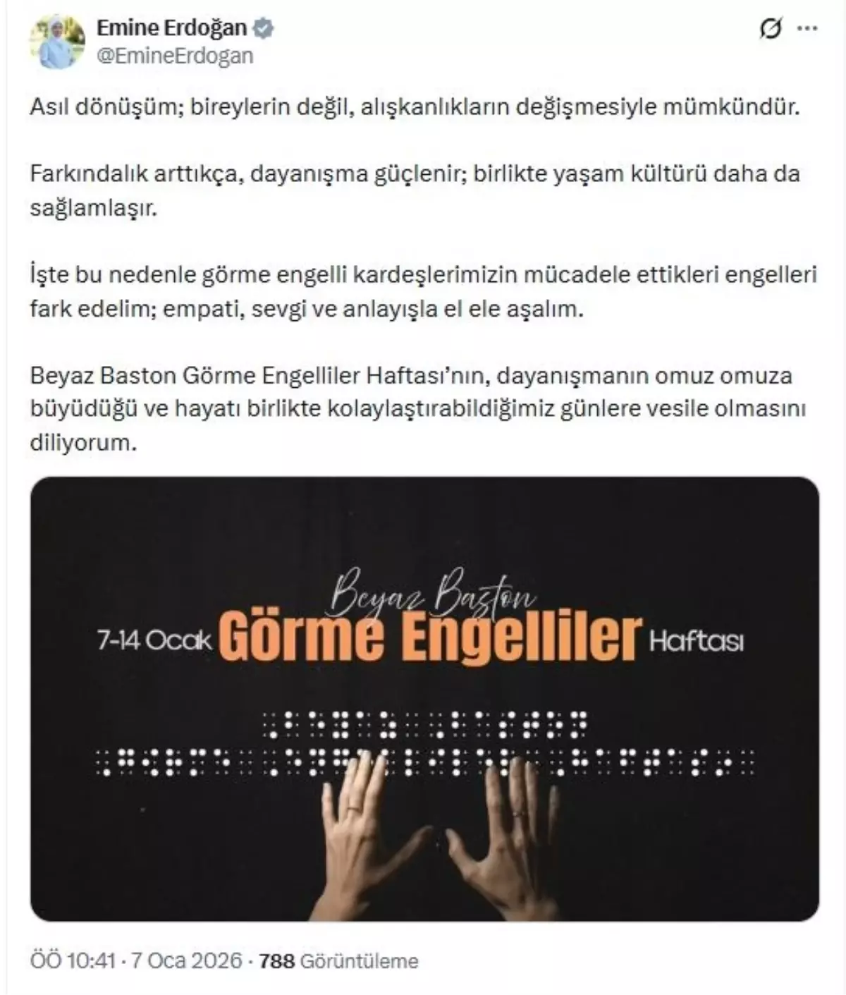 Emine Erdoğan'dan Görme Engelliler Haftası'na Destek Mesajı