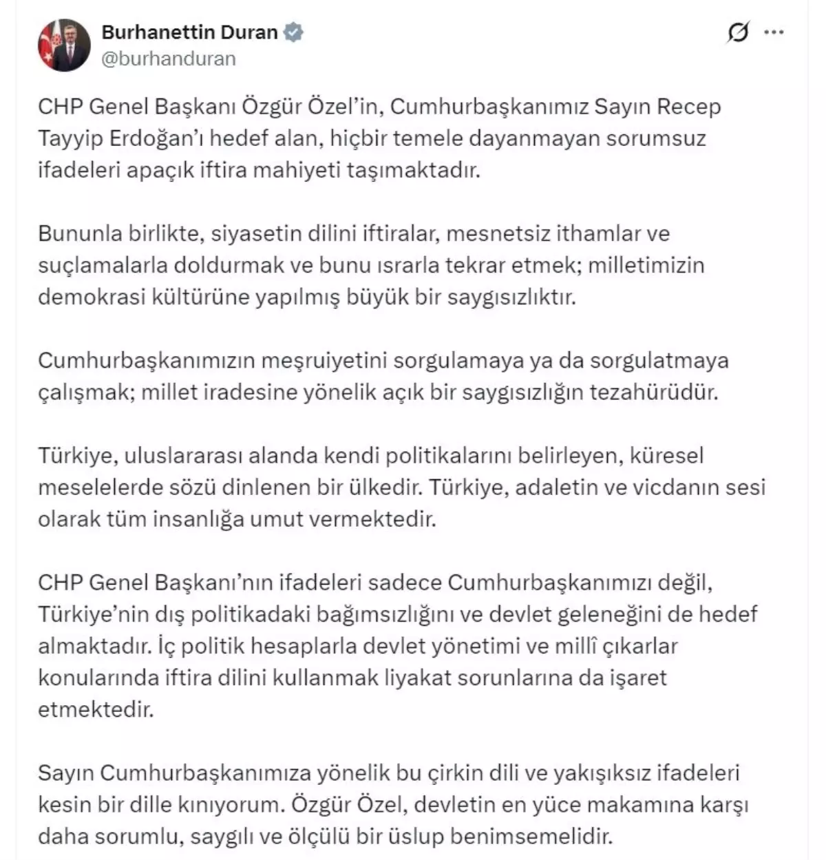 Duran'dan CHP Liderine Sert Eleştiri: İfade Özgürlüğü ve Uluslararası Bağımsızlık Üzerine