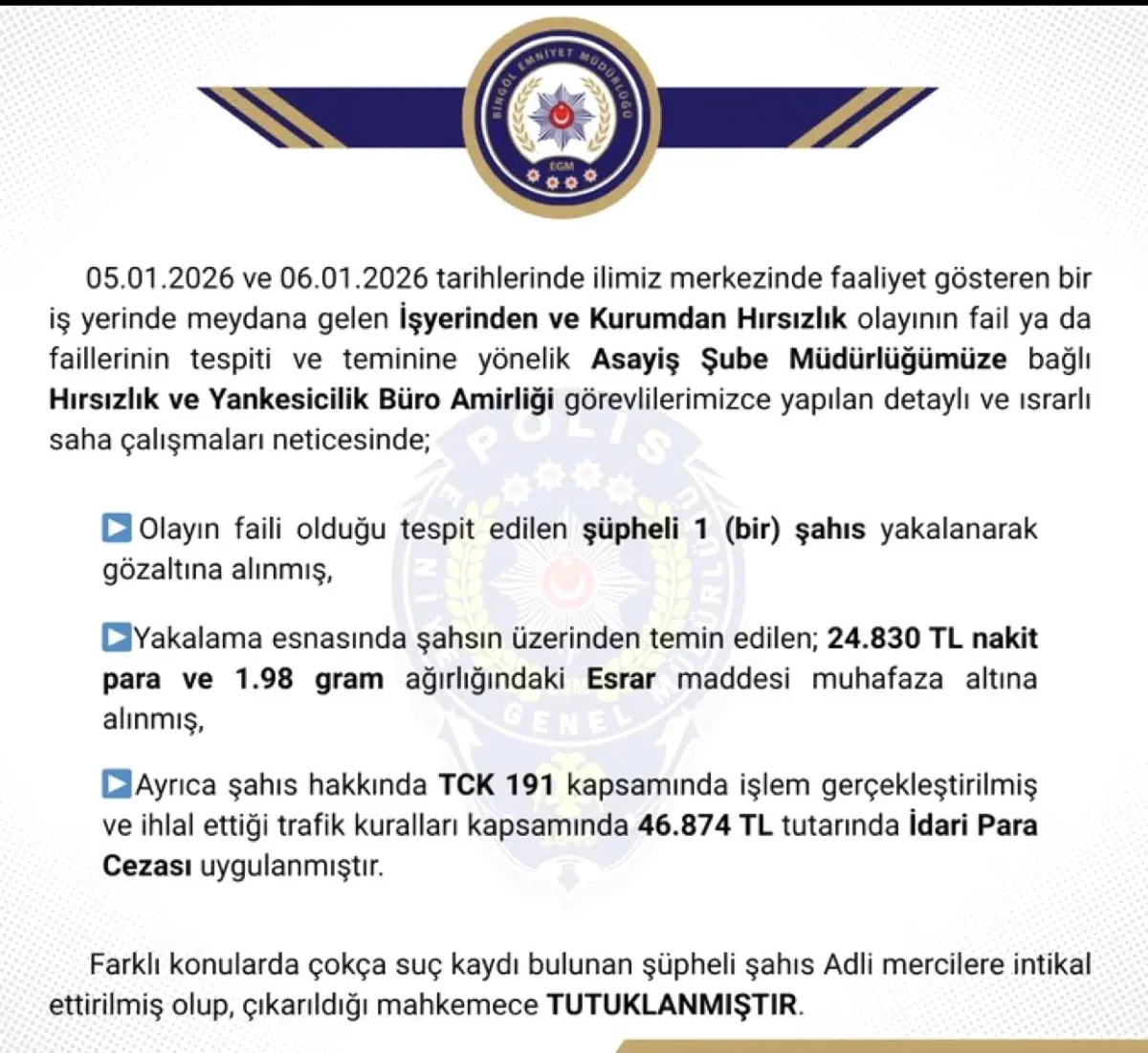 Bingöl’de Hırsızlık Şüphesiyle Yakalanan Şüpheli Gözaltına Alındı