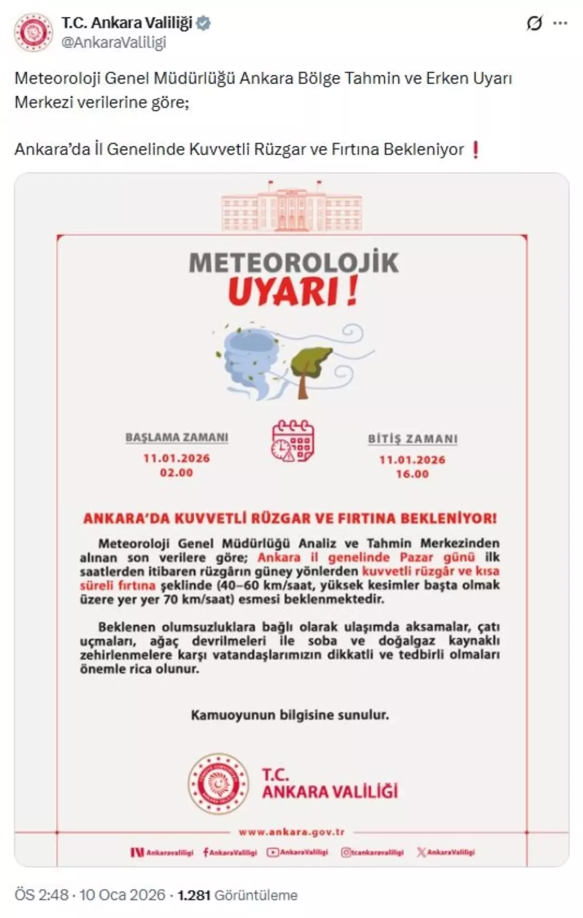 Ankara’da 70 km/s Hıza Ulaşan Rüzgarlar İçin Uyarı