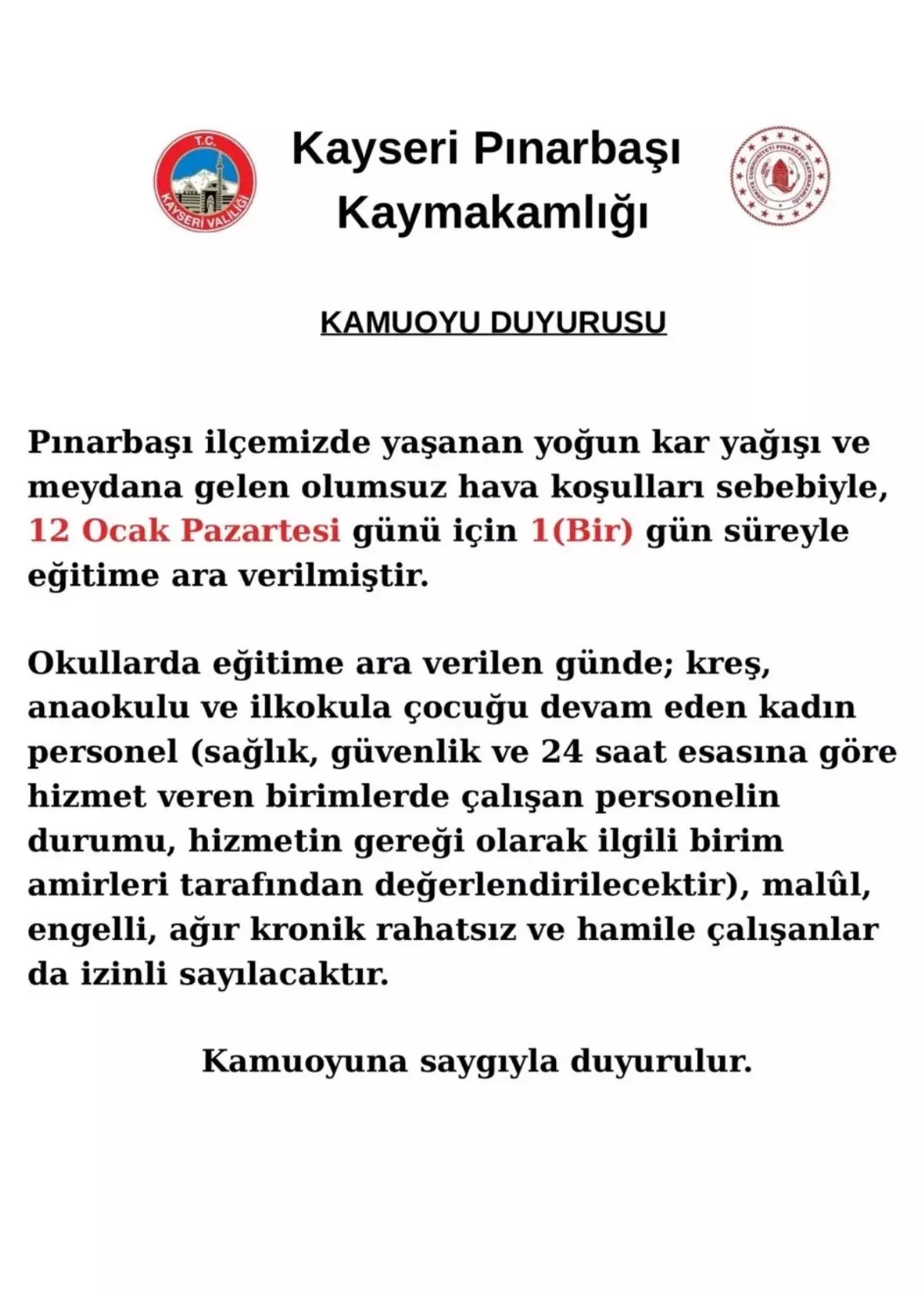 Kayseri’de Kar Yağışı Okulları 1 Gün Tatil Ettirdi