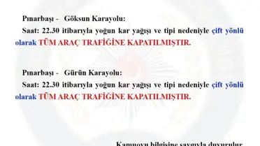 Karla kapalı Kayseri‑Kahramanmaraş yolunda araçlar