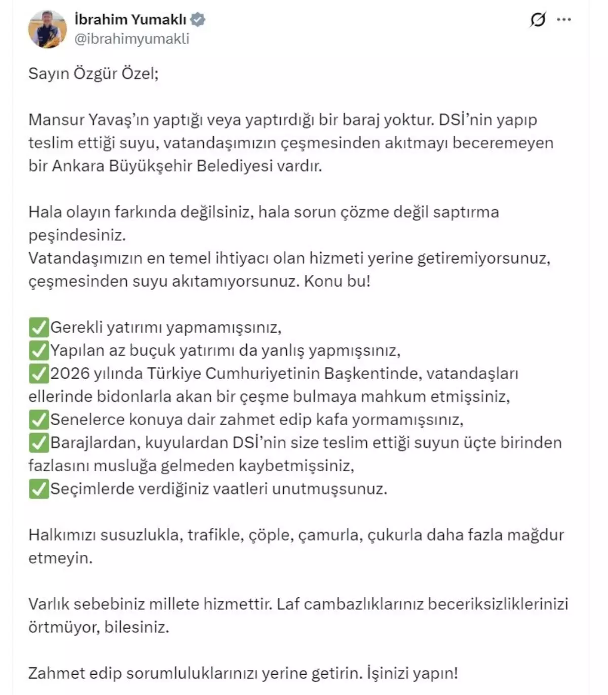 Bakan Yumaklı'dan Özgür Özel'e Sert Yanıt: Halkı Mağdur Etmeyin