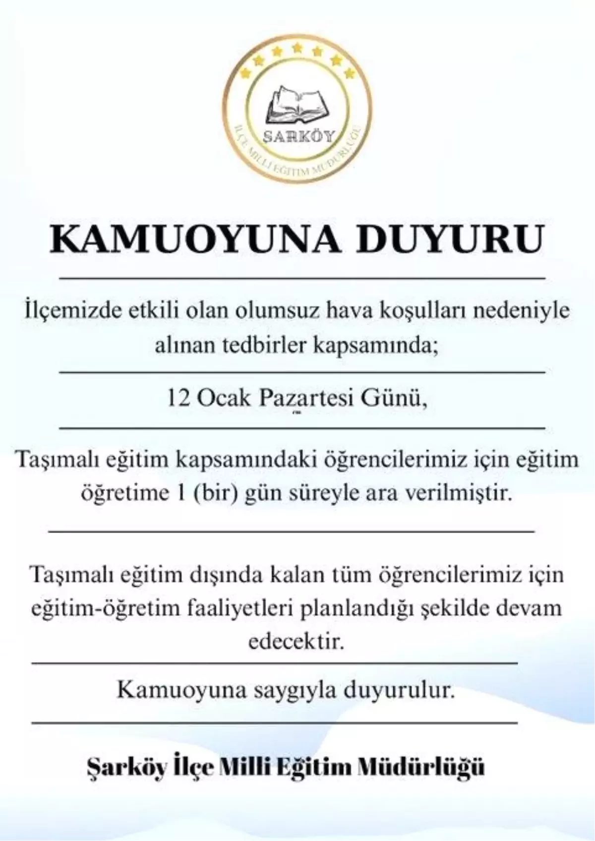 Şarköy'de Taşımalı Eğitim Olumsuz Hava Nedeniyle Bir Günlüğüne Durduruldu