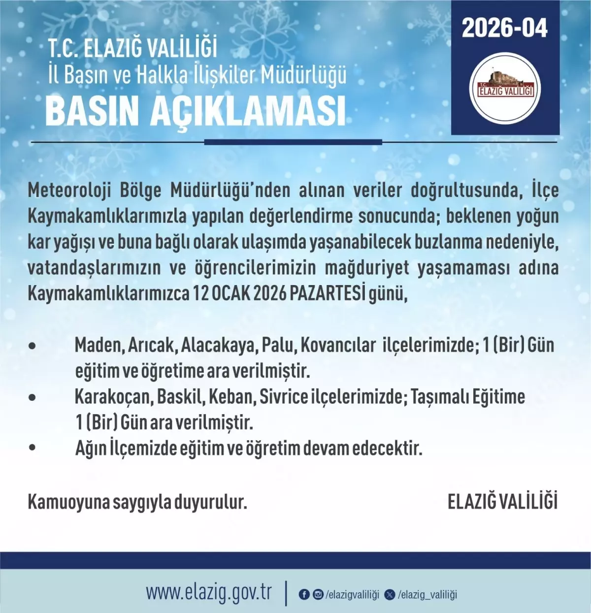 Elazığ’da Şiddetli Kar Yağışı Okulları Kapattı: 5 İlçede Eğitim Ara Verildi