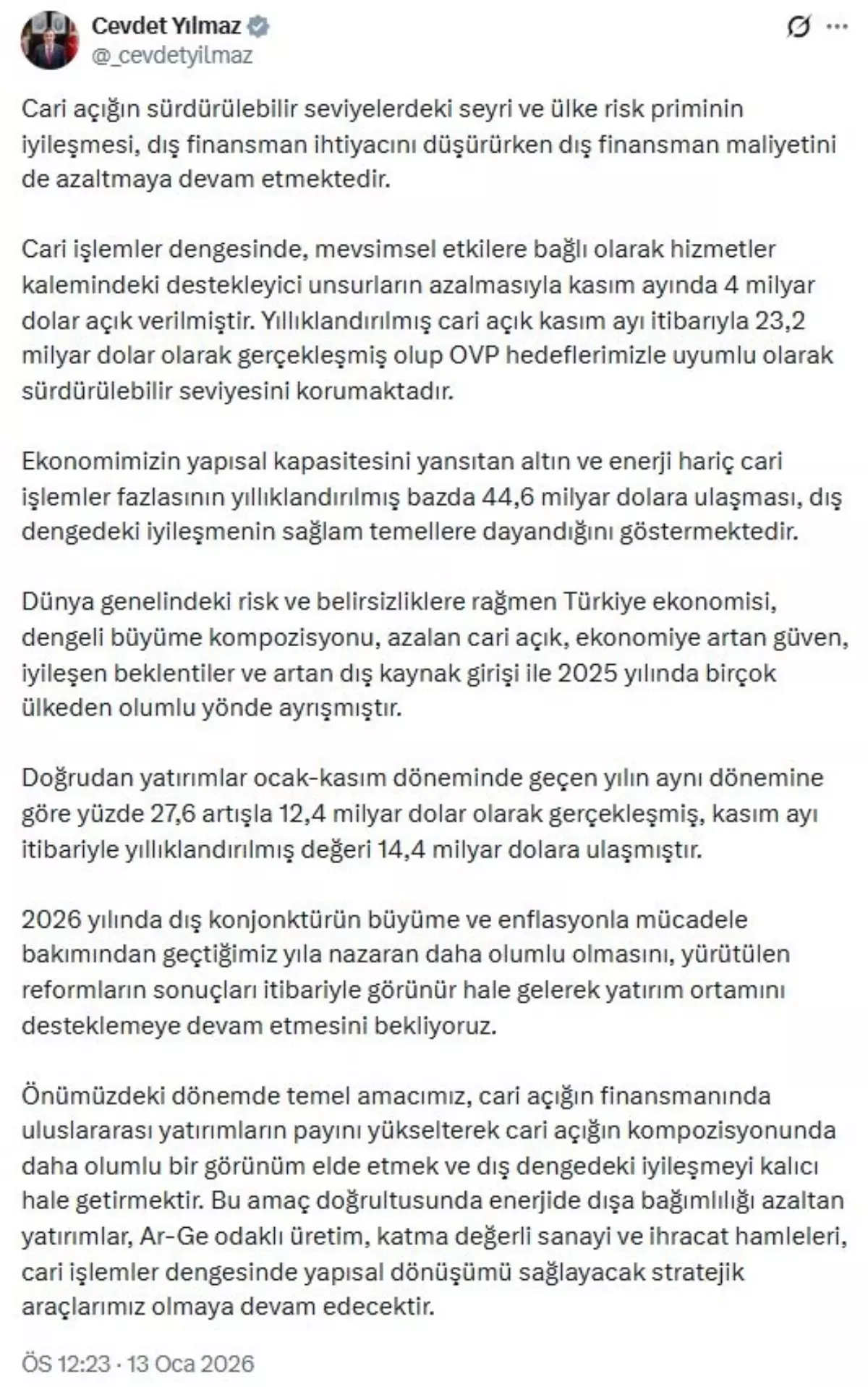 Cari Açık 23,2 Milyar Dolar Seviyesinde: Yılmaz'dan Sürdürülebilirlik Açıklaması
