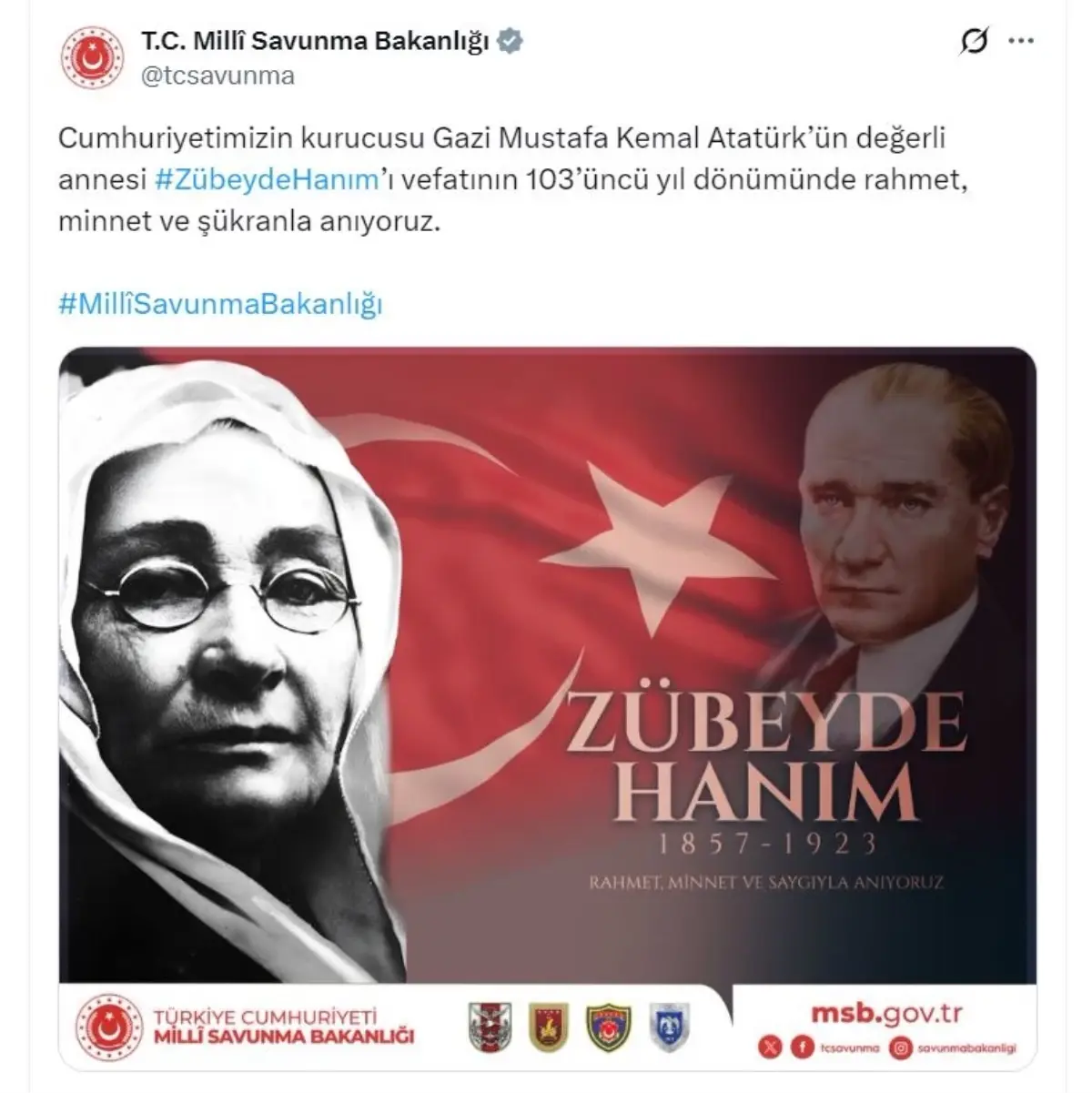 MSB'den Atatürk'ün Annesi Zübeyde Hanım’a 103. Yıl Dönümünde Anma Etkinliği