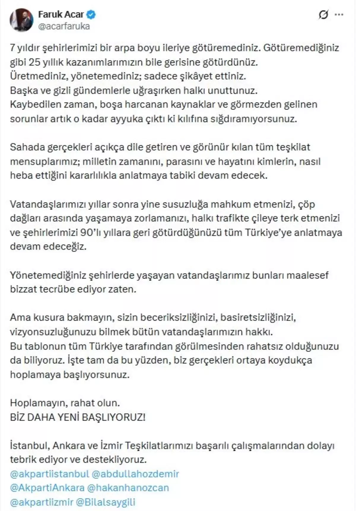 AK Parti'yi Eleştiren Faruk Acar: Şehirlerimiz Susuzlukla Boğuşuyor