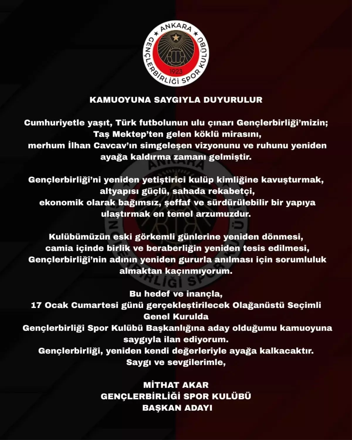 Mithat Akar Gençlerbirliği Başkan Adayı Oldu