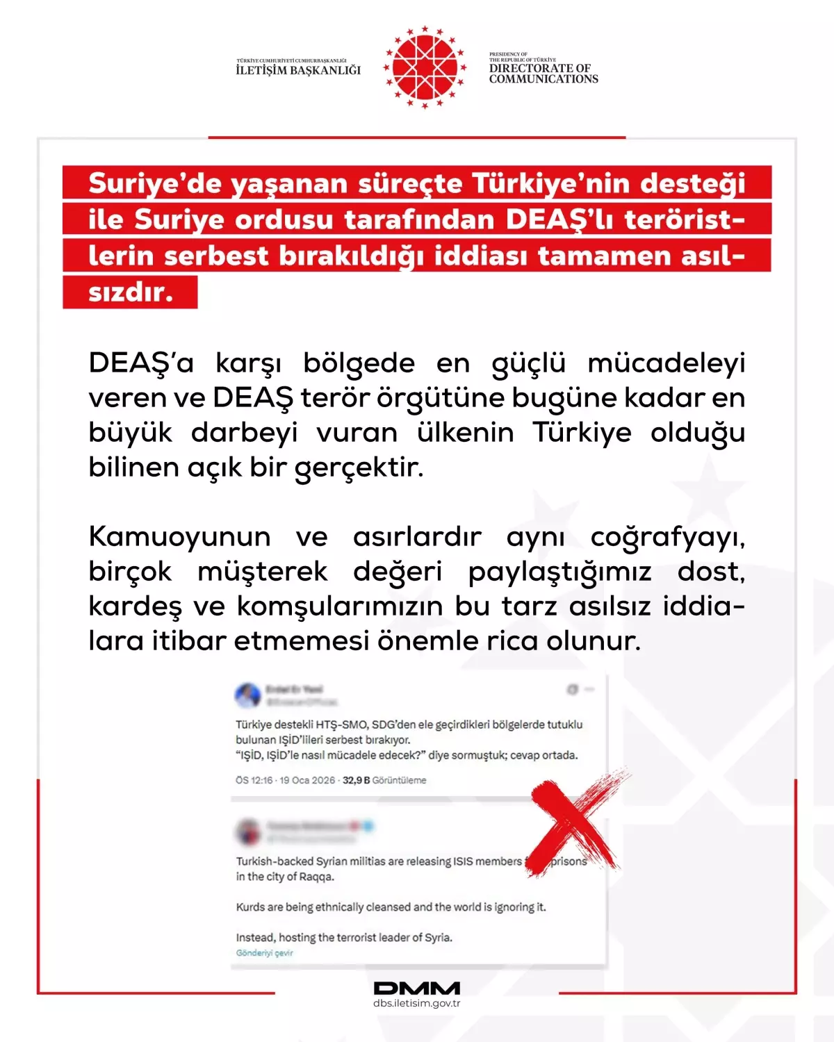 İletişim Başkanlığı DMM'nin DEAŞ Terörist Serbest Bırakma İddialarını Yalanladı
