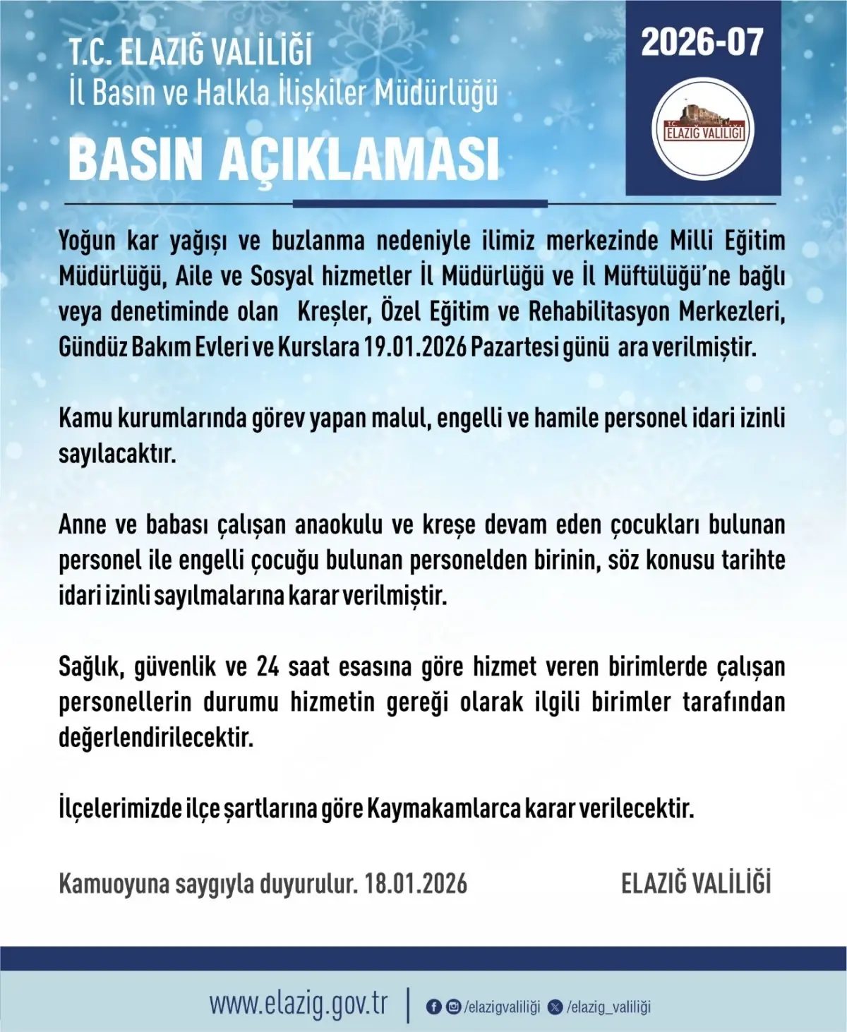 Elazığ’da Kar Yağışı Eğitim Sürecesini Etkiledi