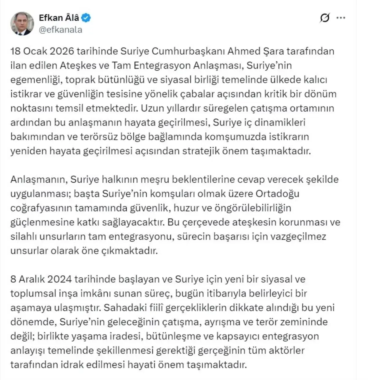 Efkan Ala'dan Türkiye'nin Suriye'deki Yeniden İnşa Çabalarına Destek Mesajı