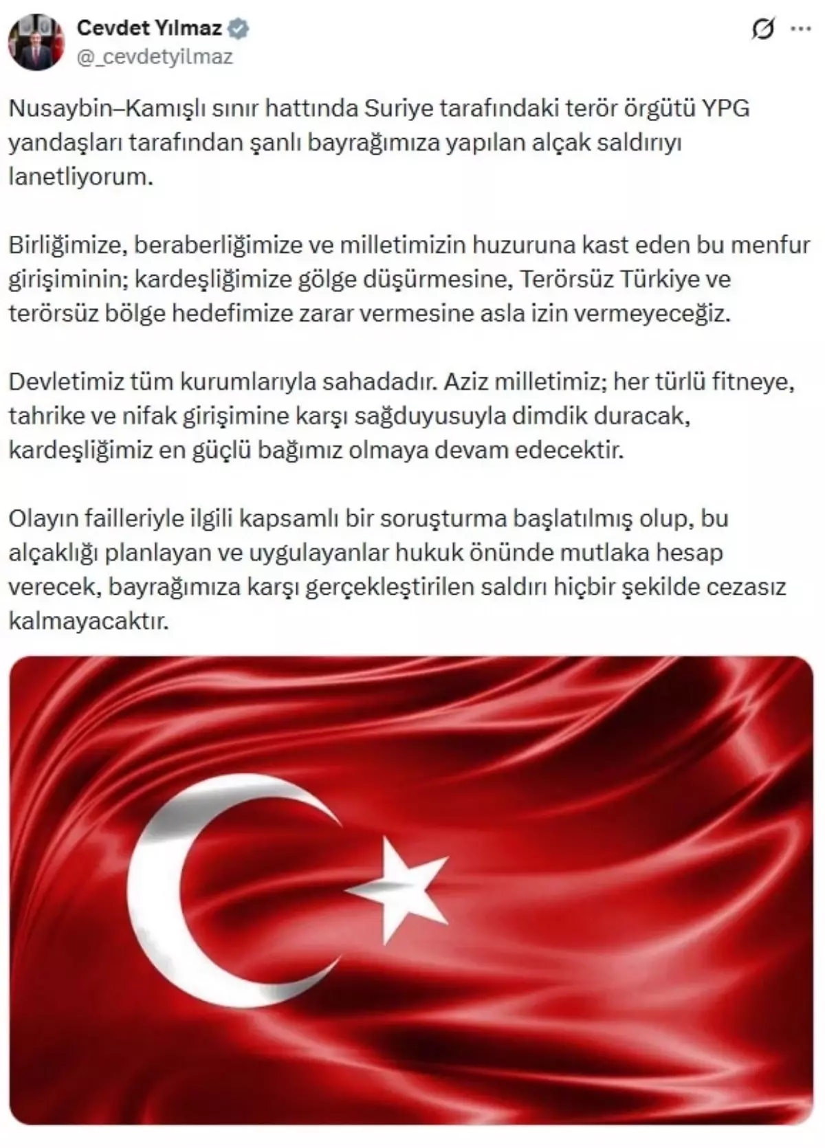 Cevdet Yılmaz'dan YPG'ye Karşı Sert Açıklama ve Soruşturma Duyurusu