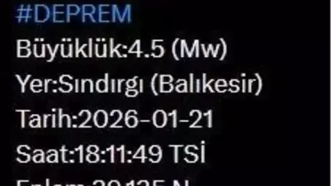 Balıkesir Sındırgı’da 4.5 Şiddetinde Deprem Gerçekleşti