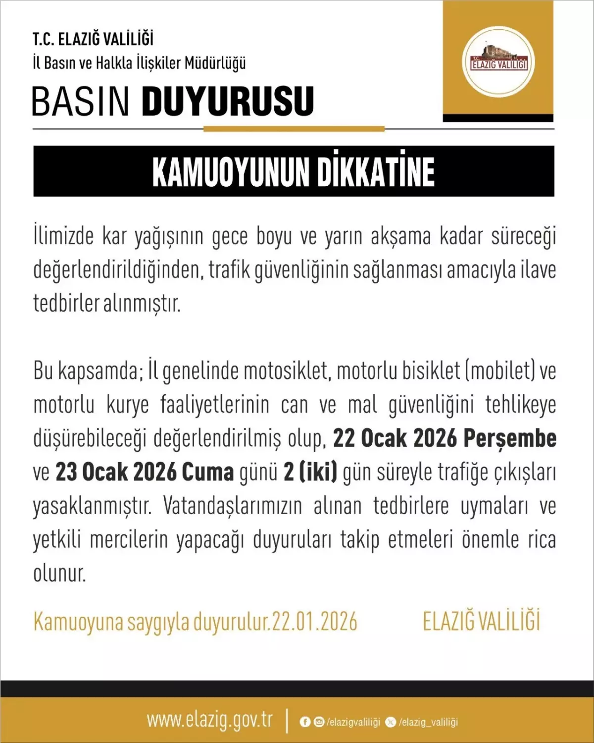 Elazığ’da Şiddetli Kar, Motosiklet ve Motorlu Bisiklet Trafiğini 2 Gün Boyunca Durdurdu