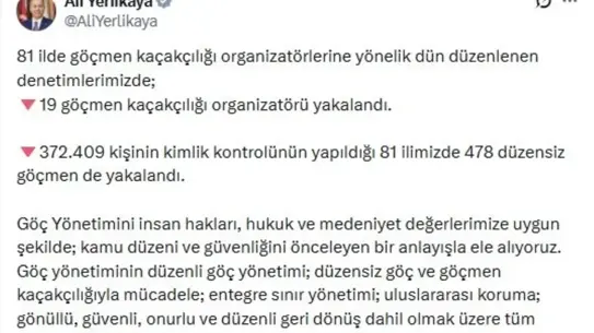 İçişleri Bakanı Yerlikaya'dan 81 İl'de Göçmen Denetim Operasyonu: 19 Kaçakçı ve 478 Düzensiz Göçmen Tutuklandı