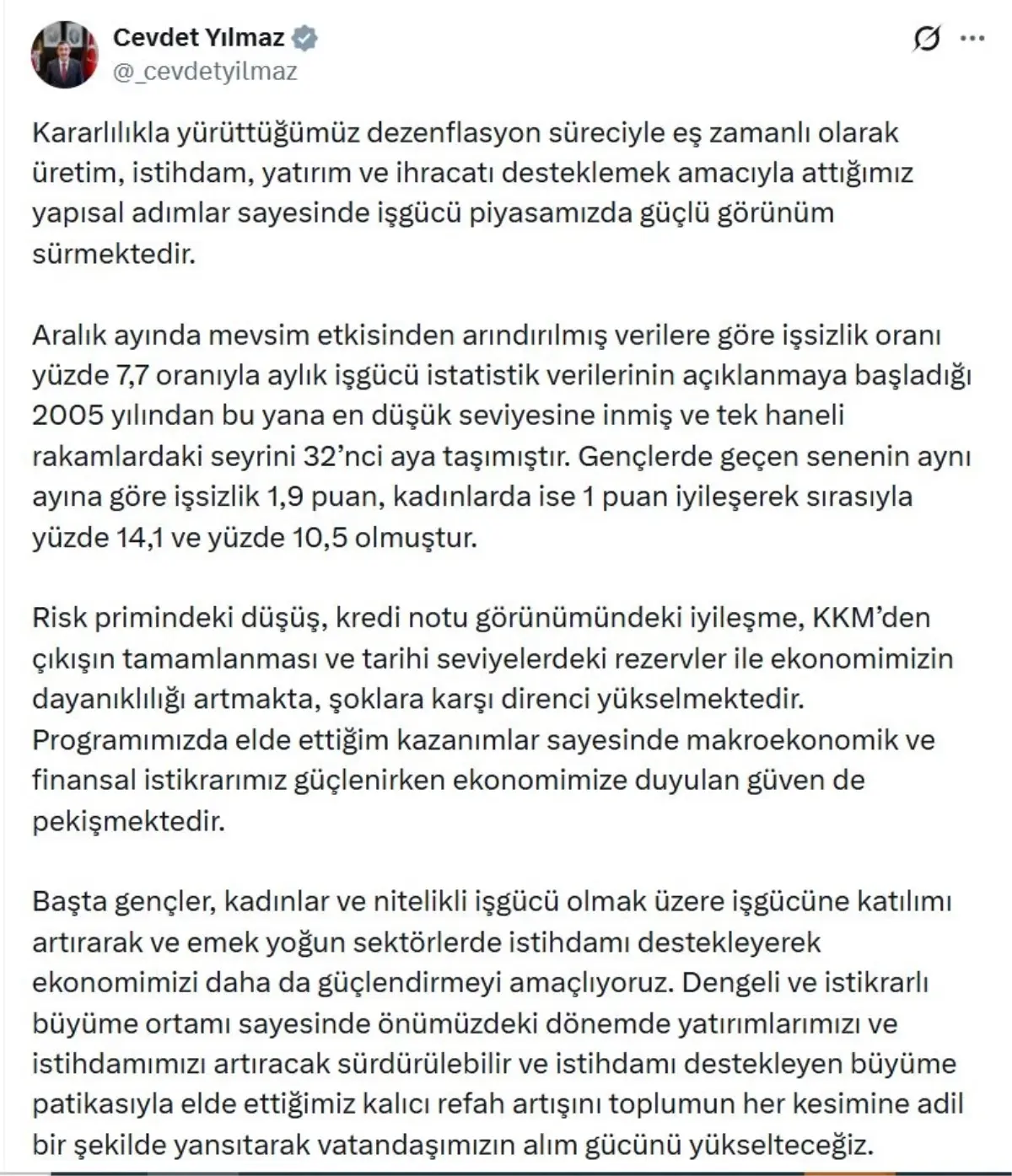 Cevdet Yılmaz işsizlikte tarihsel düşük seviyeler