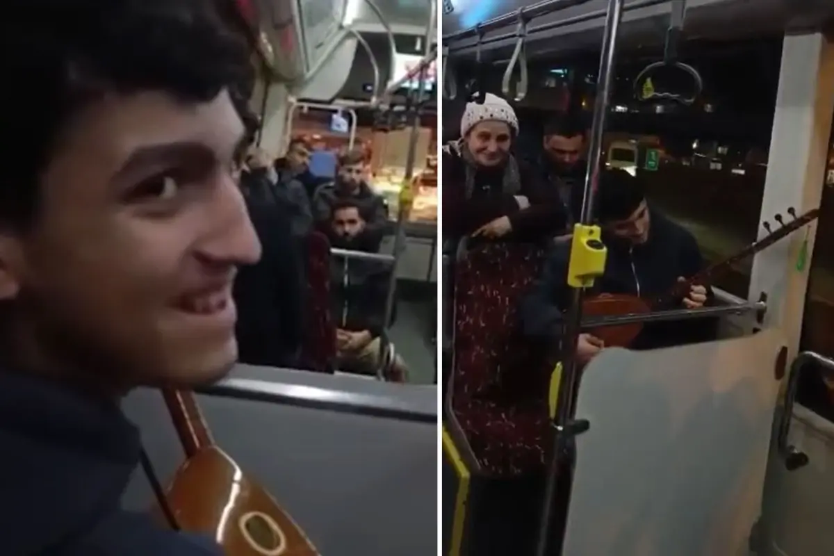İETT otobüsünde saz çalan müzisyenler