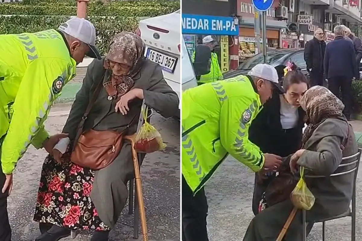 Trafik polisi yaralı yaşlı kadına yardım ederken