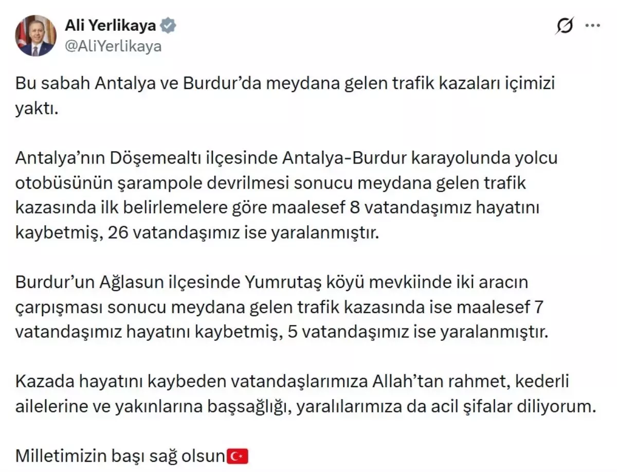 Antalya ve Burdur'da Yolcu Otobüsü Kazası: 15 Hayatta Kaldı