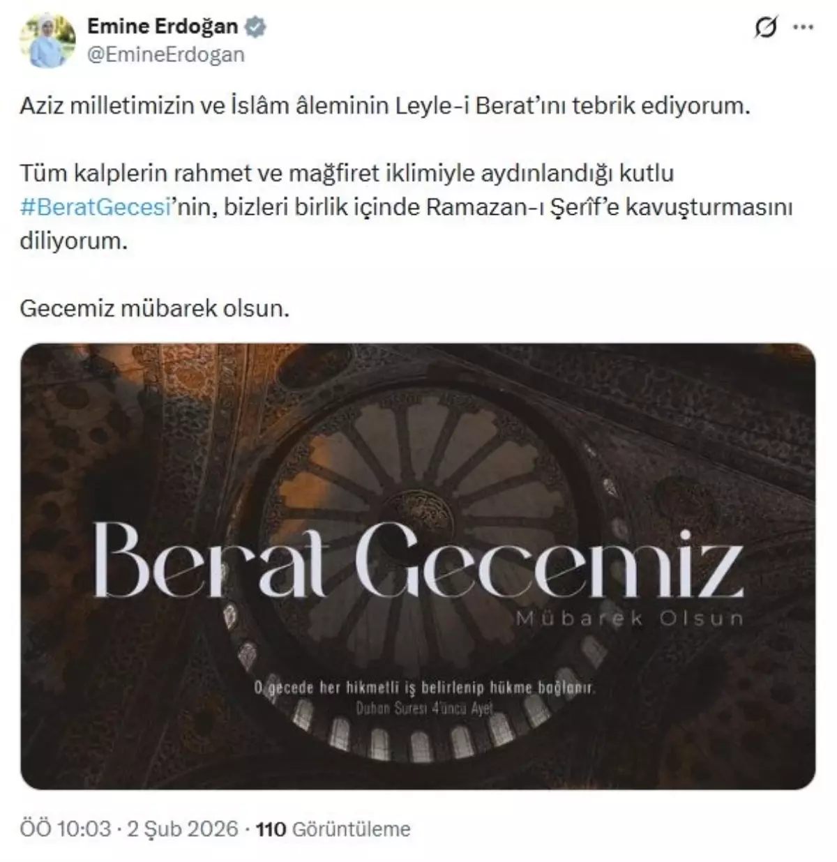 Emine Erdoğan'ın Berat Gecesi mesajı