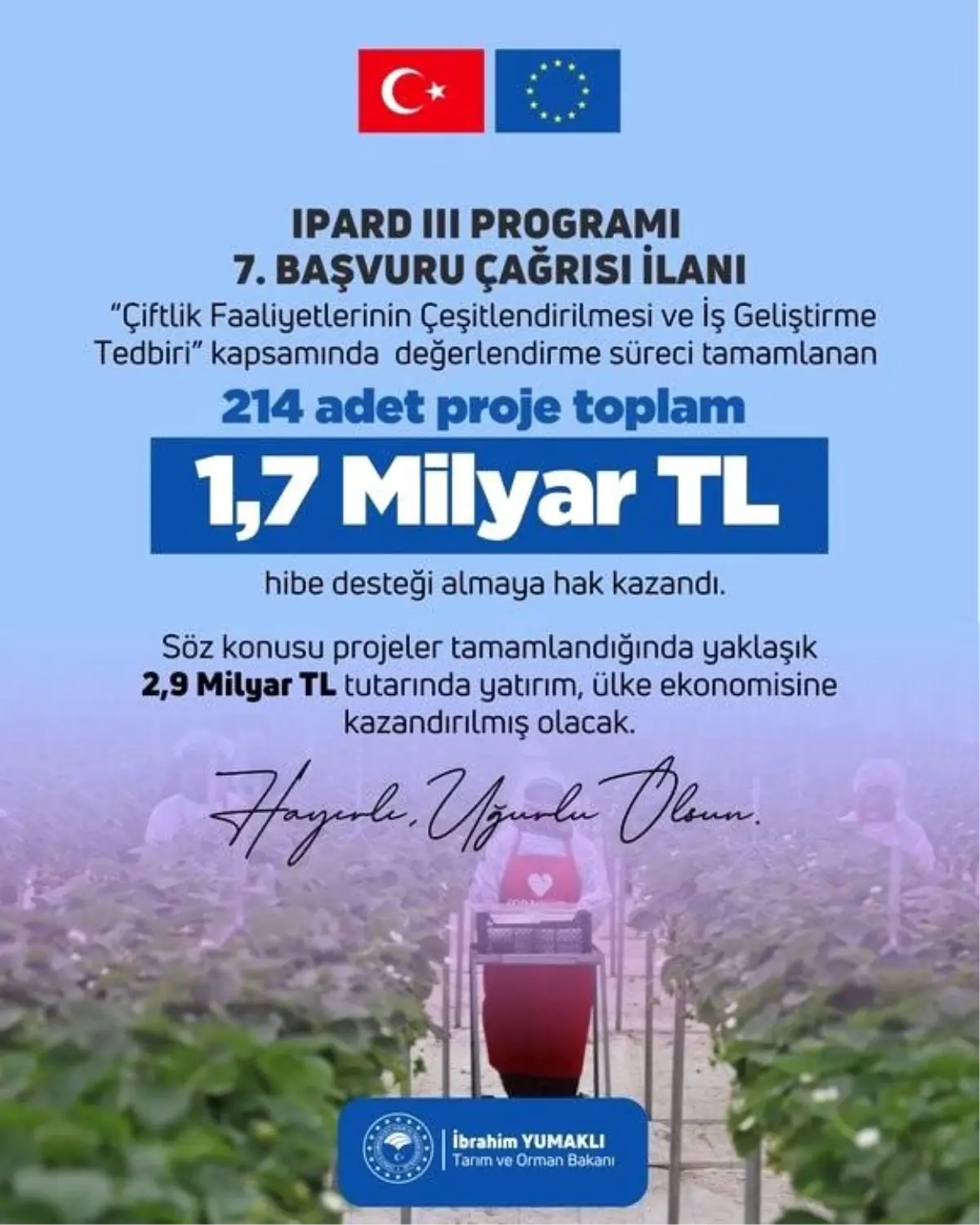 Bakan Yumaklı'dan 214 Projeye 1,7 Milyar Liralık Hibe Desteği