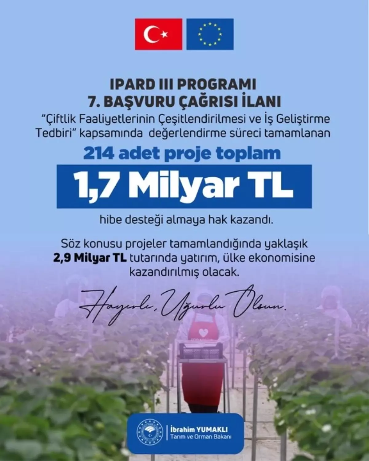 IPARD 3'ten 214 Projeye 1,7 Milyar TL Hibe Desteği
