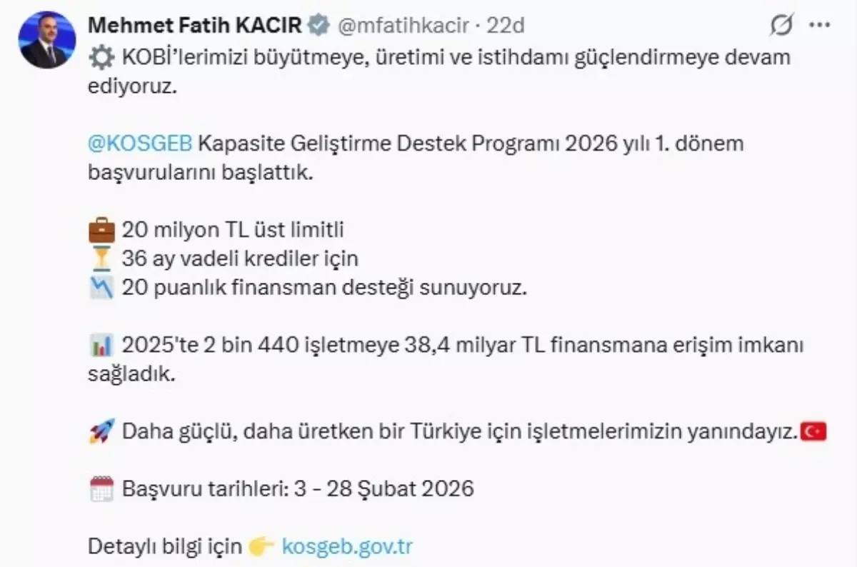 KOSGEB 2026 Kapasite Geliştirme Destek Programı Başvurularını Açtı