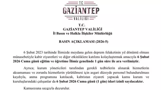 Gaziantep’te 6 Şubat Deprem Yıl Dönümünde Okullara 1 Gün Ara
