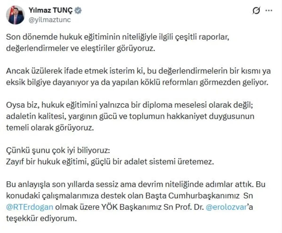 Adalet Bakanı Yılmaz Tunç’tan Hukuk Eğitiminde Kapsamlı Kalite Reformu