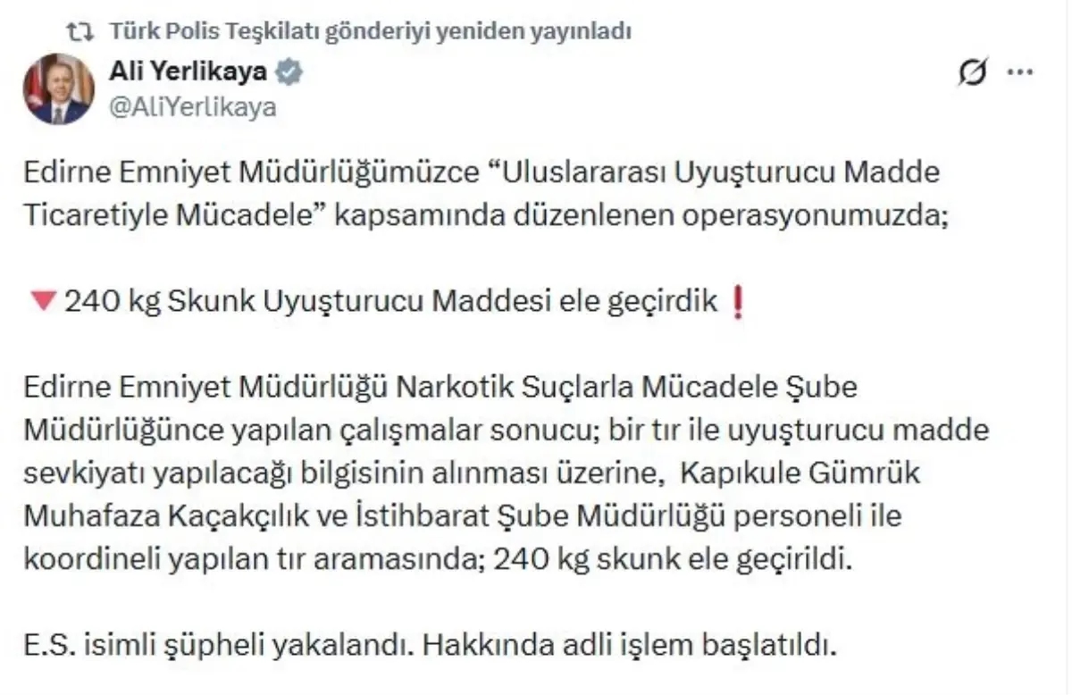 Edirne'de 240 Kilogram Skunk Operasyonu: Şüpheli Yakalandı