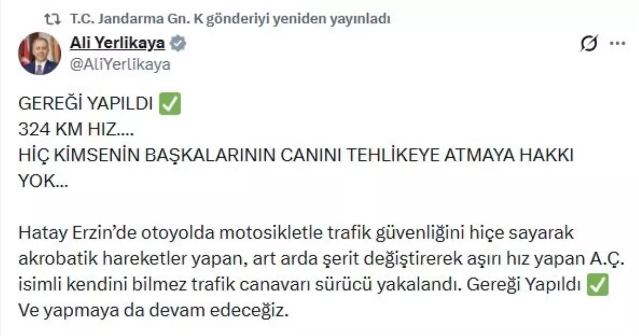 Hatay'da 324 km/s Hızla Motosiklet Sürüşüne Ağır Ceza Kesildi