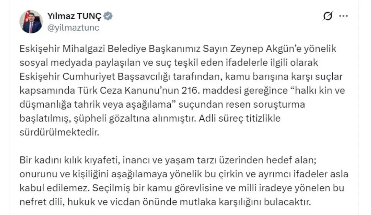 Bakan Tunç'tan Zeynep Akgün'e Yönelik Soruşturma Açıklaması