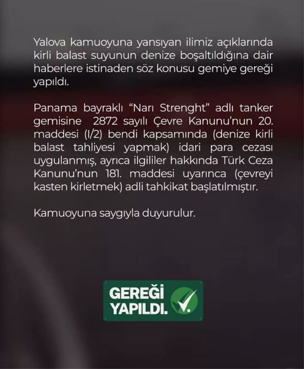 Yalova’da Kirli Balast Suyu Boşaltan Ticari Gemiye Ağır Ceza Kesildi