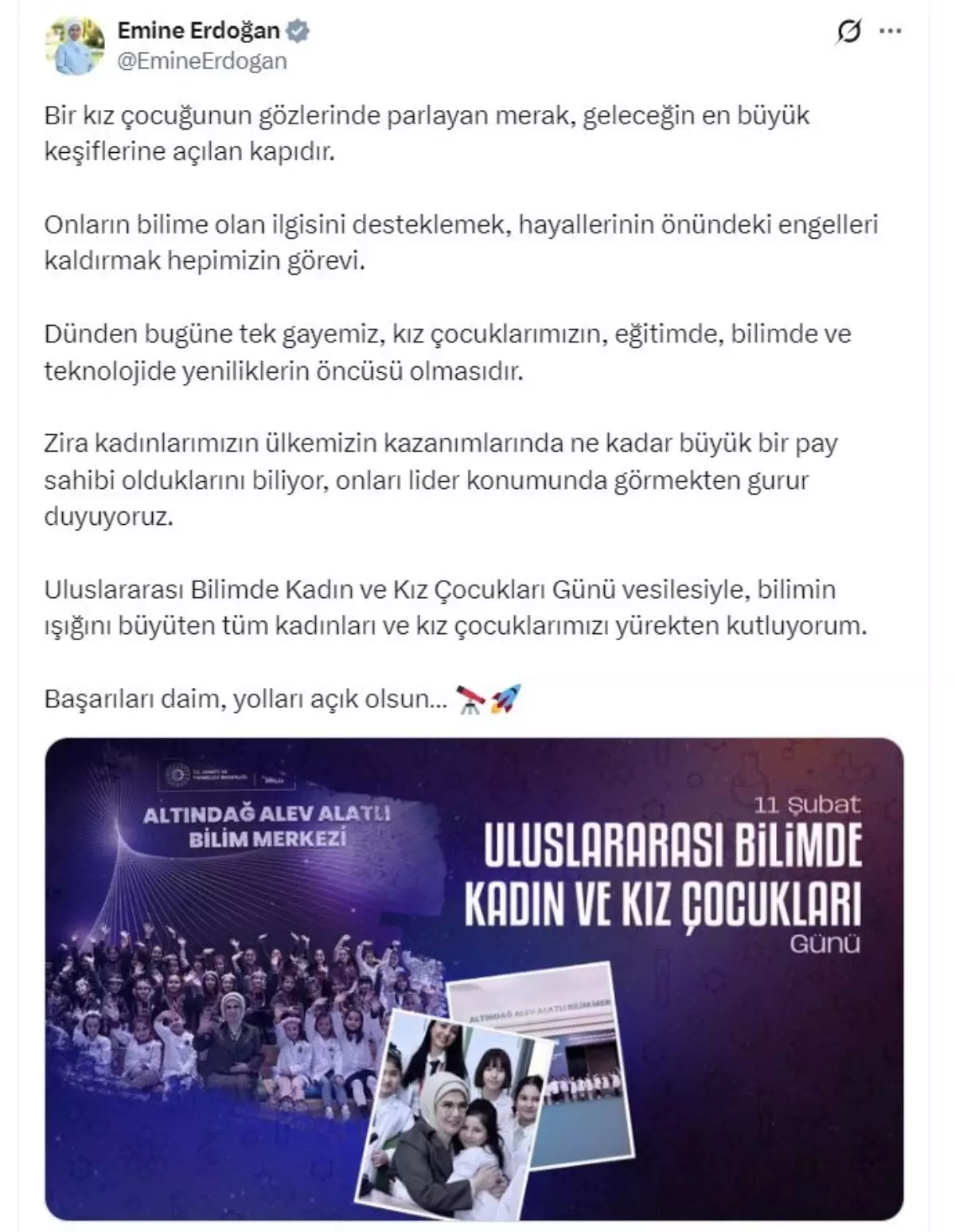 Emine Erdoğan'dan 11 Şubat Uluslararası Bilimde Kadın ve Kız Çocukları Günü'ne Duygu Dolu Mesaj