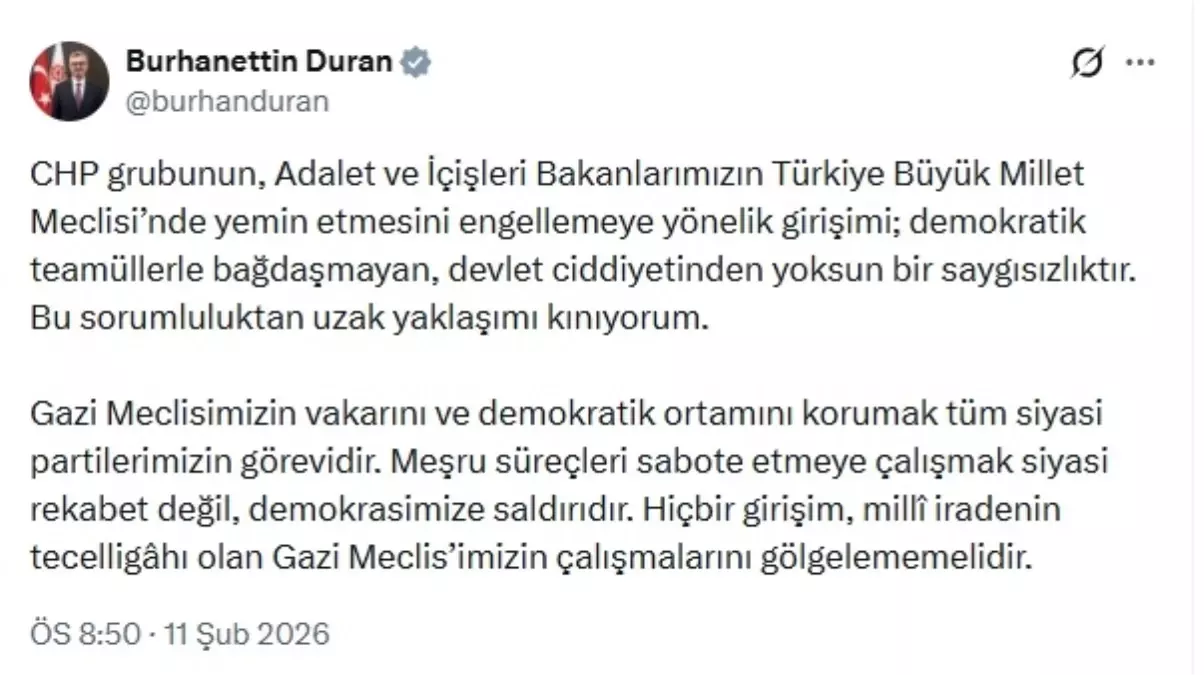İletişim Başkanı Duran'dan CHP'ye Sert Eleştiri: Bakanların Yemini Engellenemez