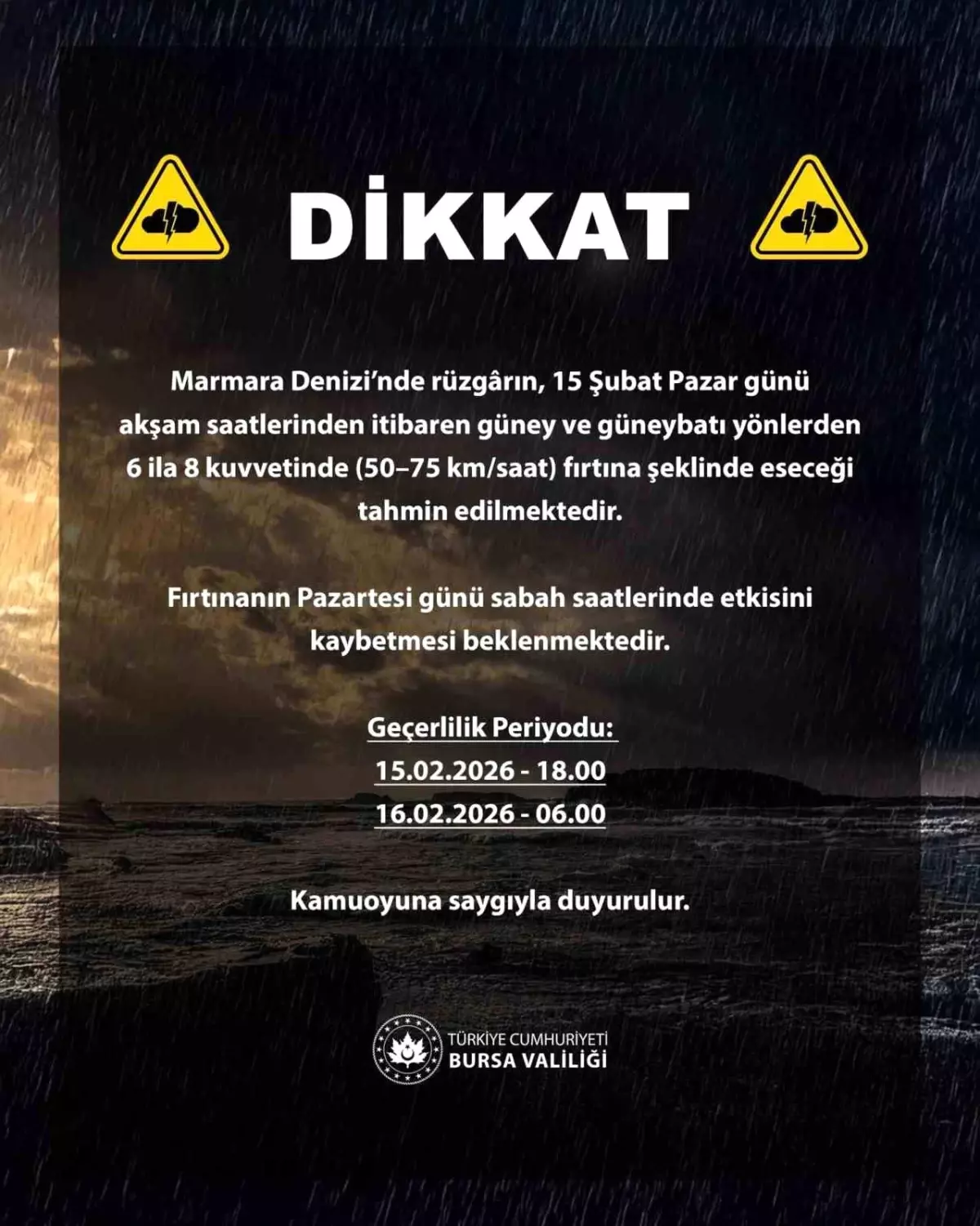 Bursa Valiliği tarafından yayınlanan fırtına uyarısı görseli