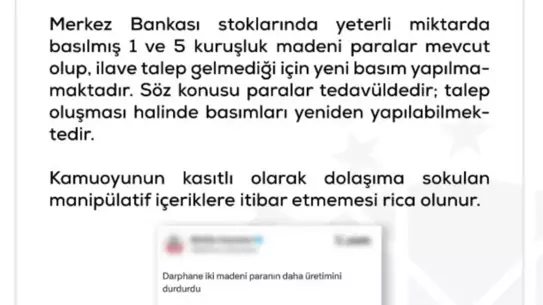 DMM, Darphane'nin 1 ve 5 Kuruş Üretimini Durdurduğu Söylentilerini Yalanladı