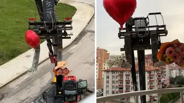 İş Makinesiyle Balkona Çıkarılan Güller, Sevgililer Günü'nde Büyük İlgi Topladı