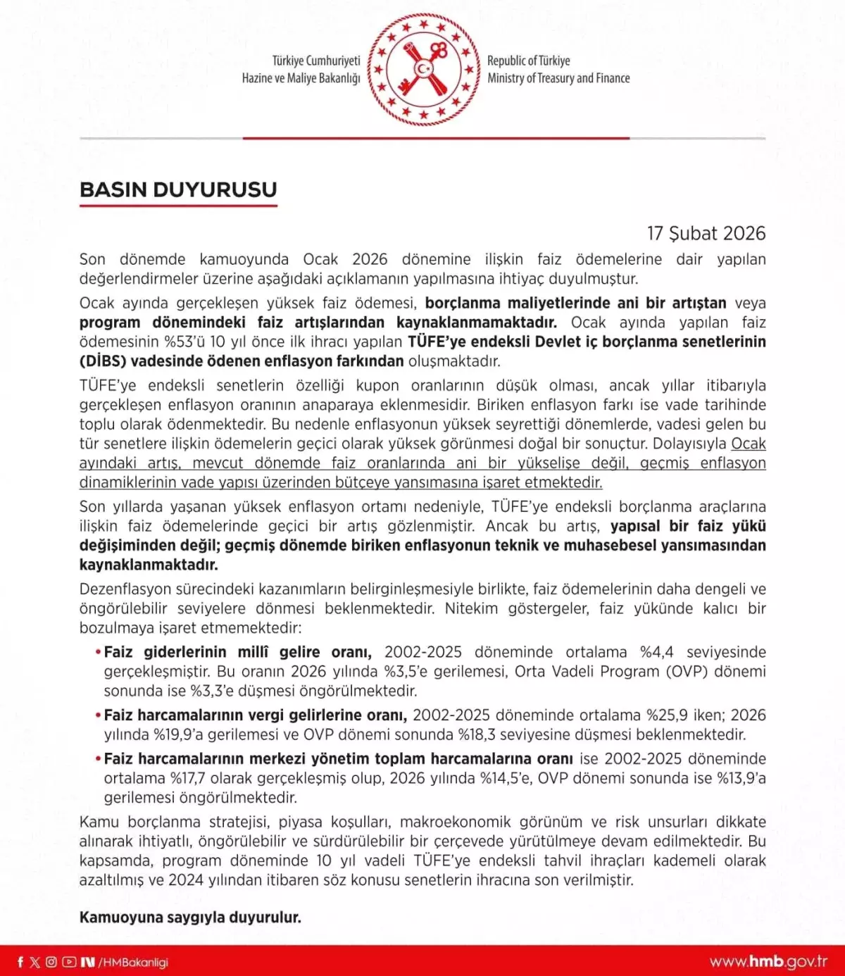 Hazine ve Maliye Bakanlığı'ndan enflasyon açıklaması