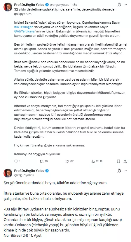 Ergün Yolcu’nun sosyal medya paylaşımı