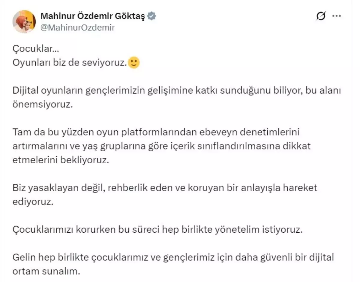 Bakan Göktaş'tan Dijital Oyunlarda Ebeveyn Kontrolünü Güçlendirme Çağrısı