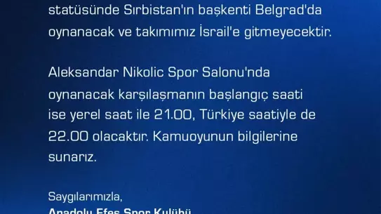 Efes ve Maccabi Belgrad’da Nisan 2’de Tarafsız Saha Üzerinde Karşılaşacak