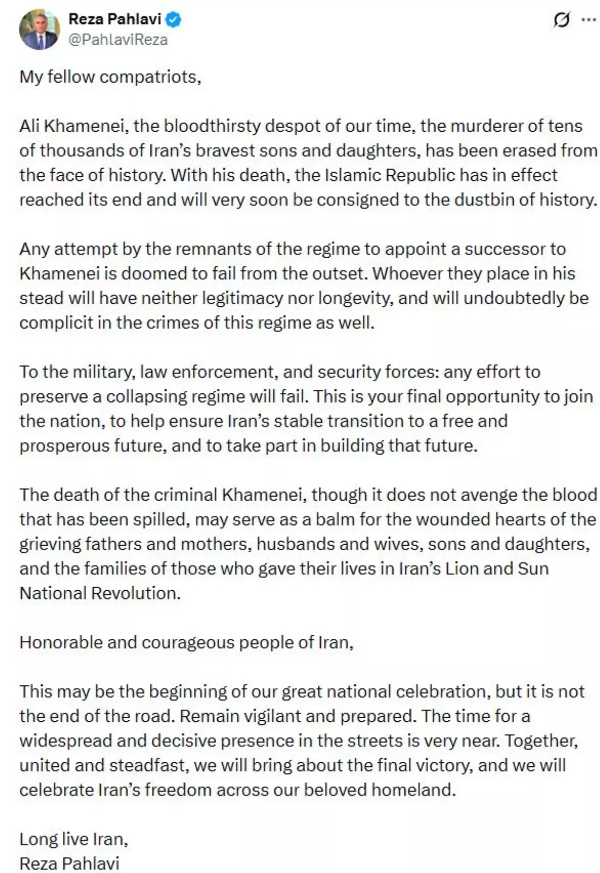 Rıza Pehlevi ve Hamaney'in ölüm haberi