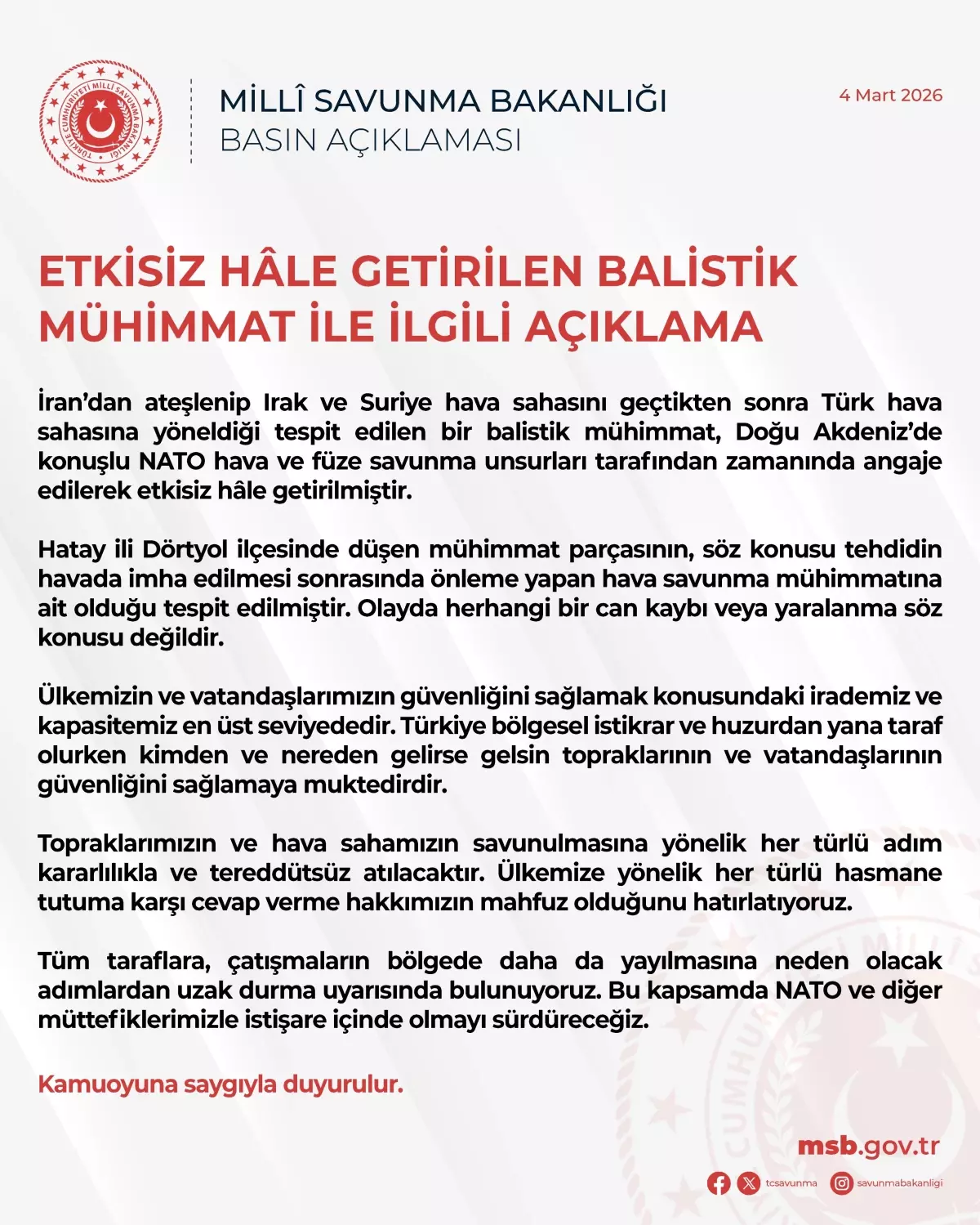 İran’dan Gelen Balistik Mühimmat Türk Hava Sahasında Nötrleştirildi