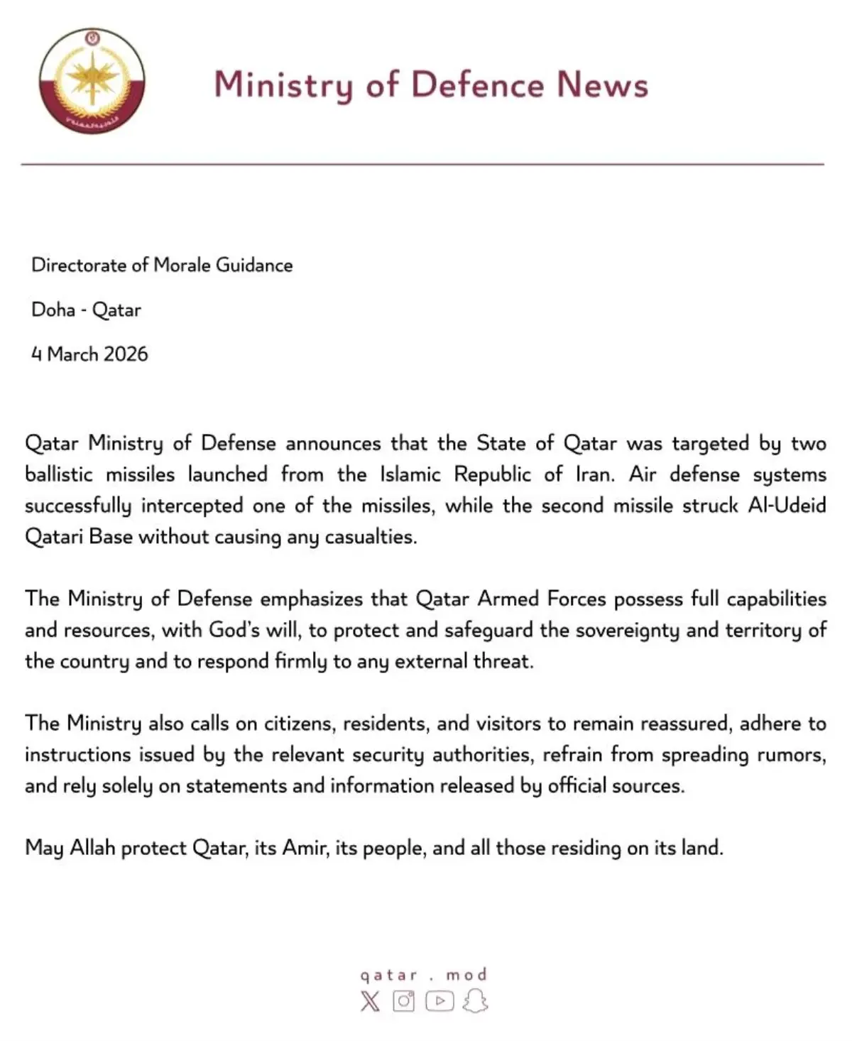 İran'dan Katar'daki El‑Udeid Üssüne Balistik Füze Saldırısı