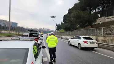 Dronla yapılan trafik denetimi görüntüsü