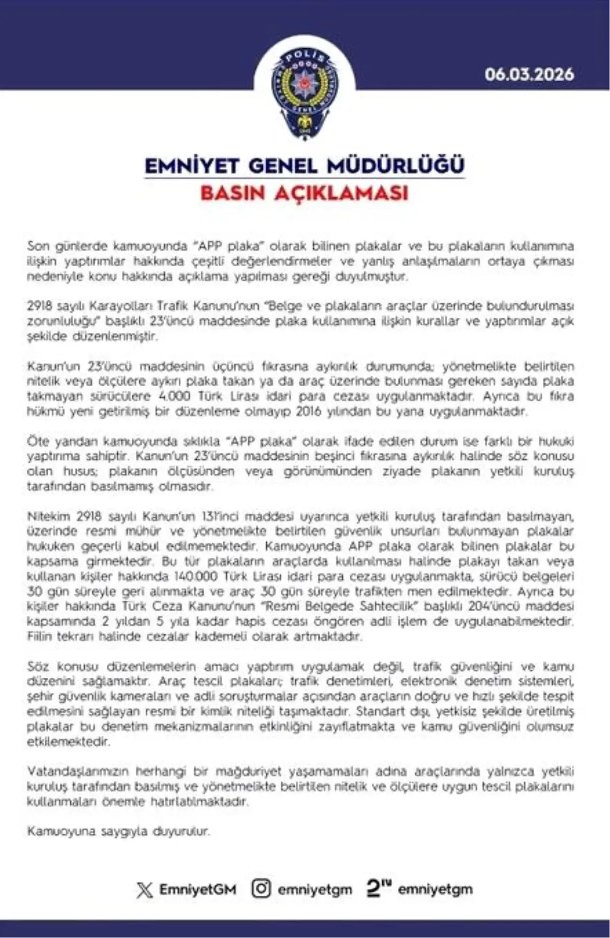 EGM'den APP Plaka Uyarısı: Yasalara Uymayanlara Ağır Cezalar