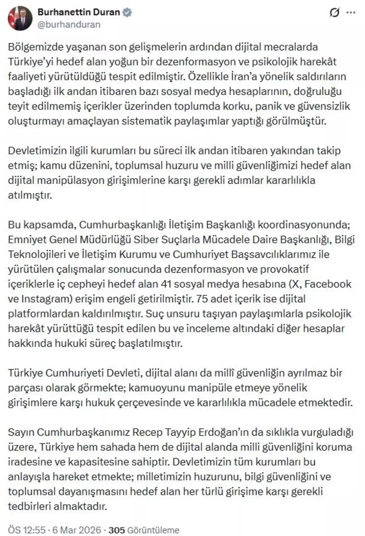 İletişim Başkanı Duran'dan Dijital Manipülasyona Karşı Sert Önlem: 41 Hesaba Erişim Kapatıldı
